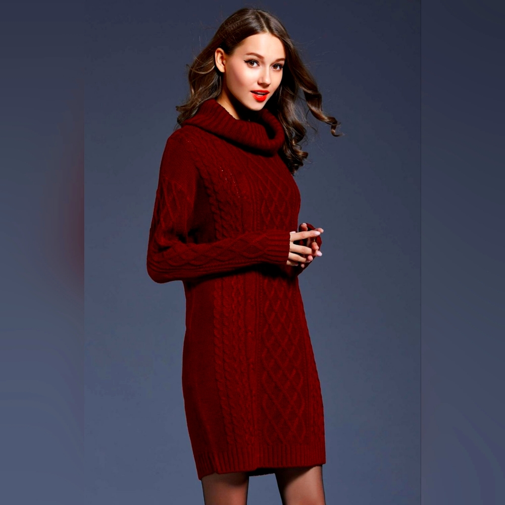 Woven Right Full Size Mixed Knit Cowl Neck Dropped Shoulder Sweater Dress